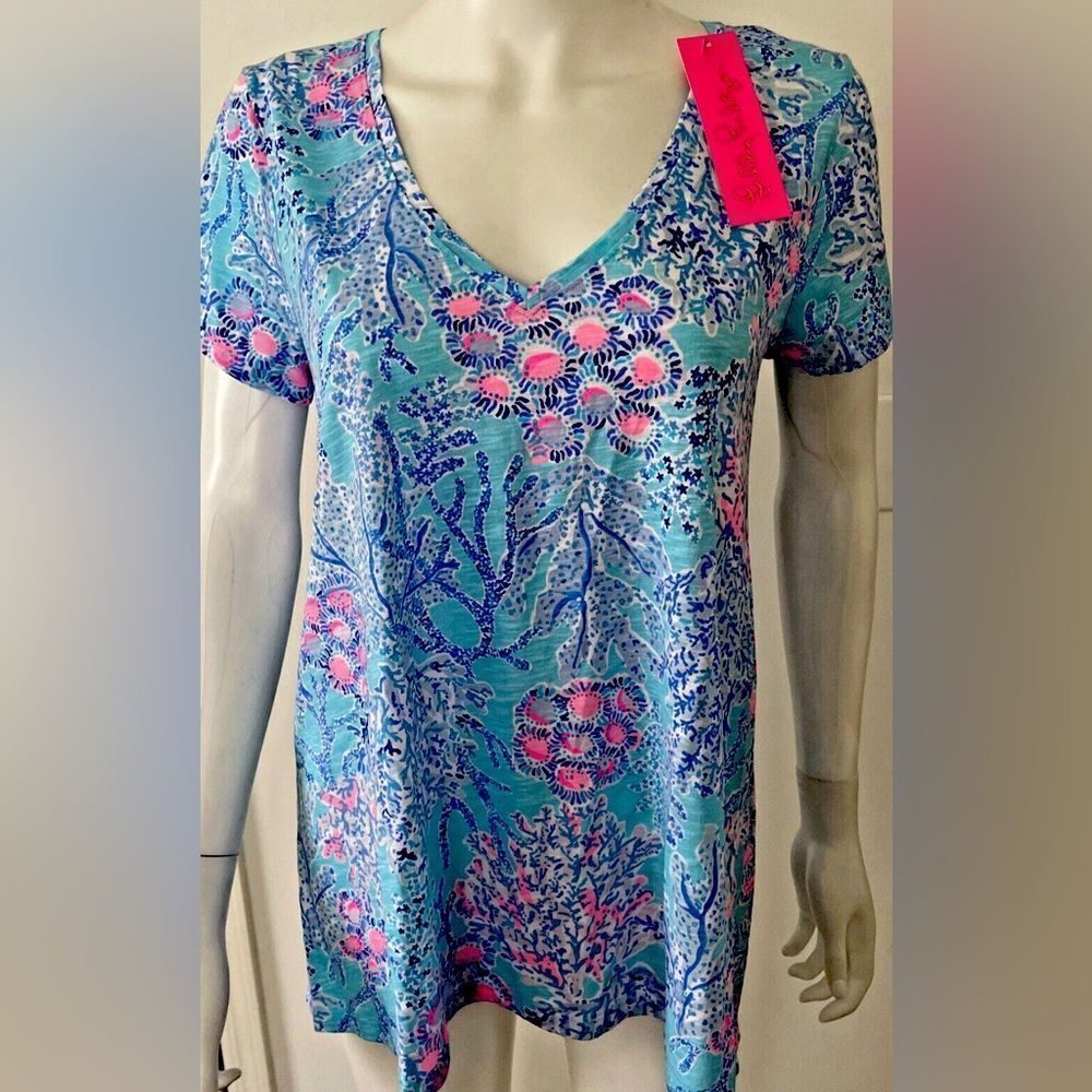 NWT Lilly Pulitzer Etta V- Neck Top Blue Ibiza Now You Sea Me Sz Small, NWT